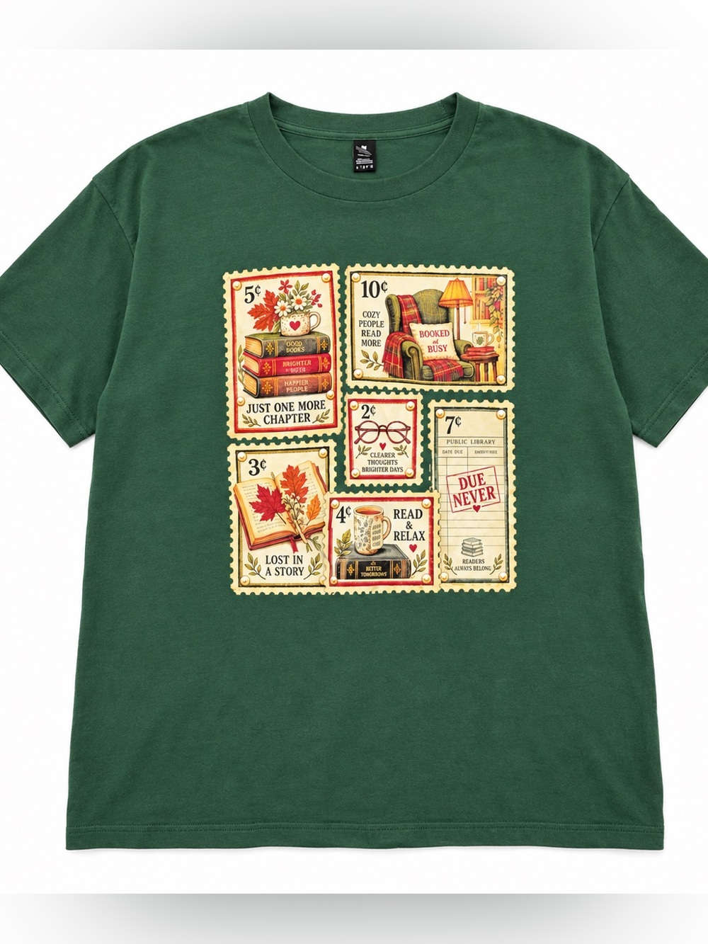 Gildan Bookish Postage Stamp Graphic Tee Forest Green Size L NWOT